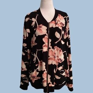 NWOT~Monteau~Black Floral Bomber Jacket~Front Zip~ Lightweight~Size L